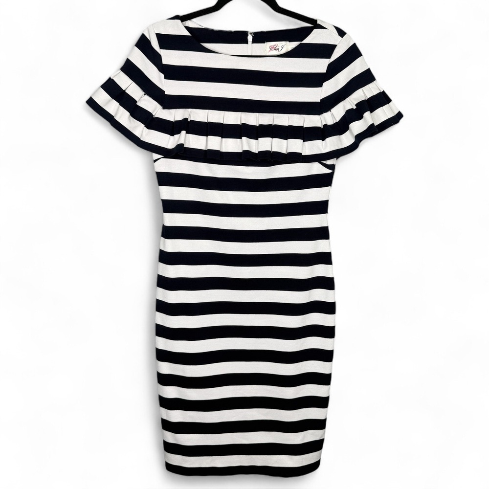 Eliza J Striped Ruffle Sleeve Sheath Dress Womens Size 8 Navy Blue and White